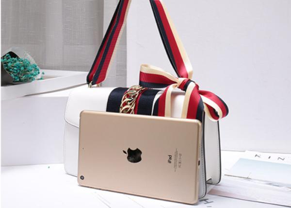 Leather Single Shoulder Bag With Lock Buckle , Slanting Bow Tie Striped Satin Ribbon Bag
