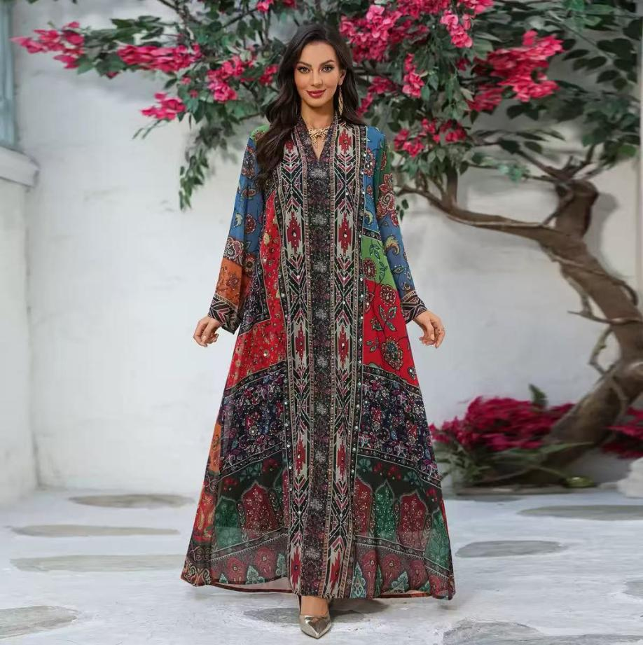 AB533 Middle Eastern Modest Wear Vintage Patchwork Paisley Print Abaya (Red-Multi)