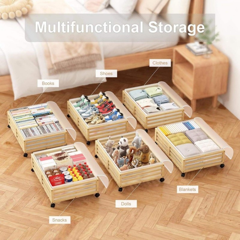 Foldable Under Bed Storage Organizer Drawer Bamboo With Wheels