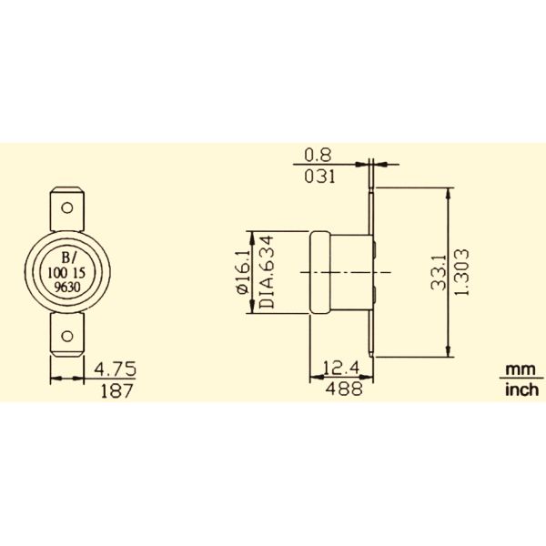 T24-CF1-CB KSD301 Bimetal Thermostat (Ceramic case; Stainless steel cap; Max Ambient Temp 250℃ )