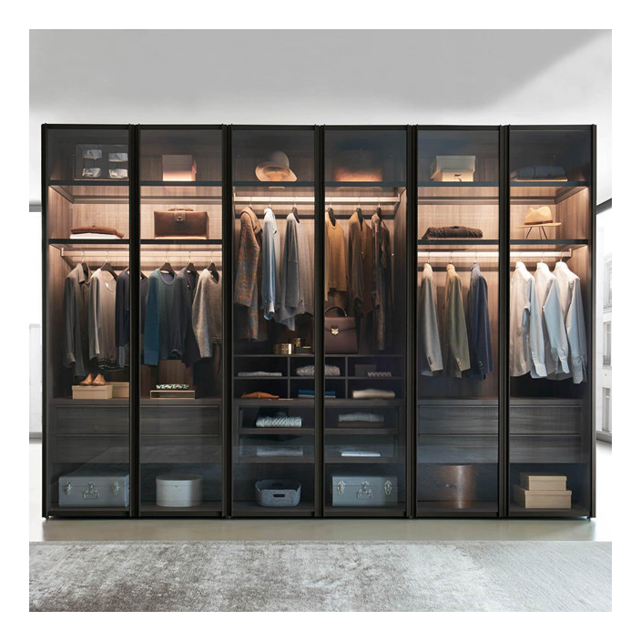 OEM ODM Acceptable Solid Wood Wardrobe with Metallic Colors Aluminum Framed Glass Doors