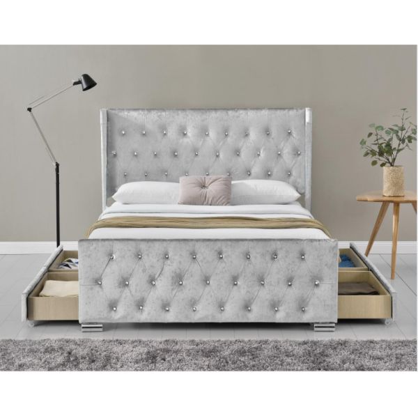 Wing Back Ottoman Tufted Storage Bed King Size Wood Sliver Grey Crushed Velvet With Headboard