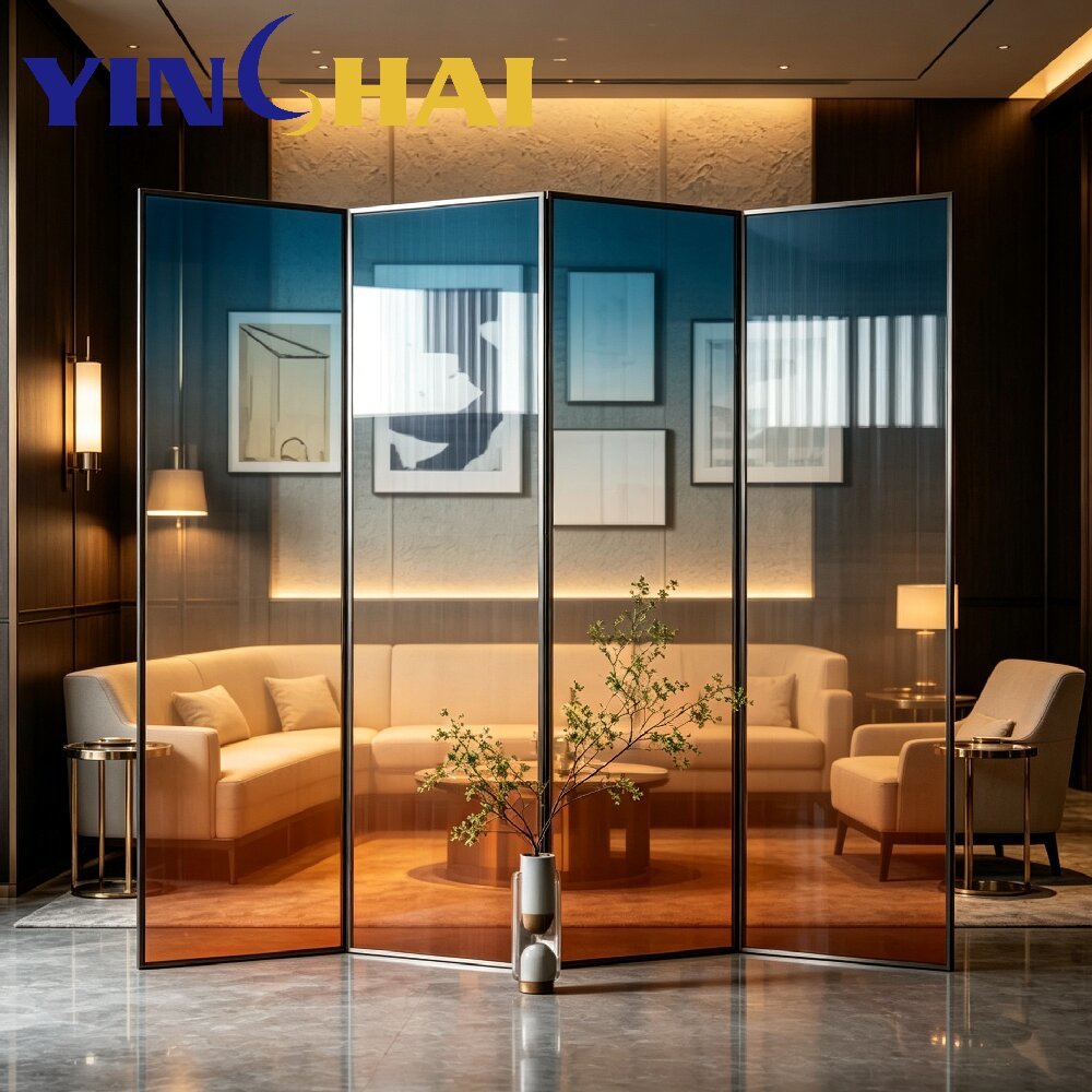 Custom Folding Stainless Steel Gradient Blue Tempered Glass Partition Screen