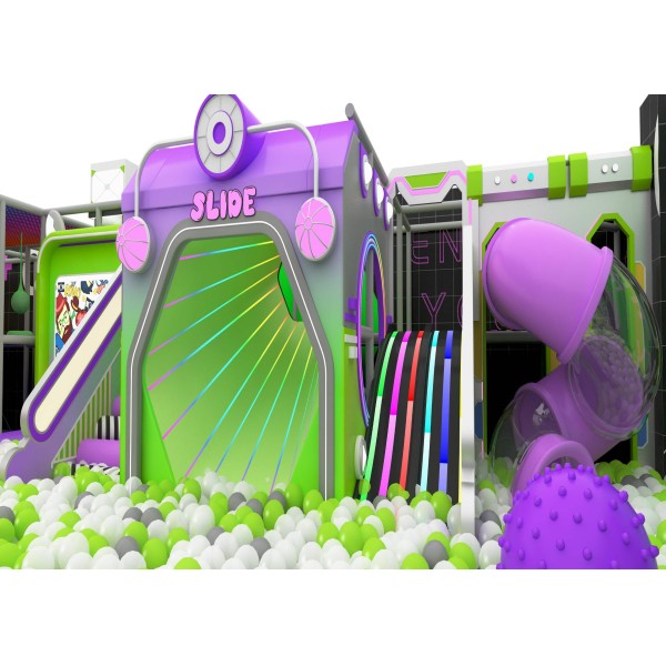 Space Themed Soft Play Trampoline Park Purple Green Sci Fi Indoor for Commercial