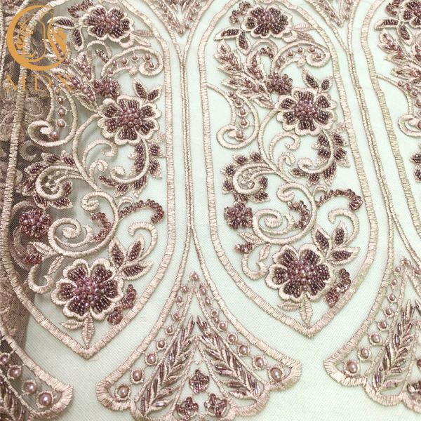 Embroidery Lace Nigerian Style Crystal Beaded Fabric For Bridal Gown