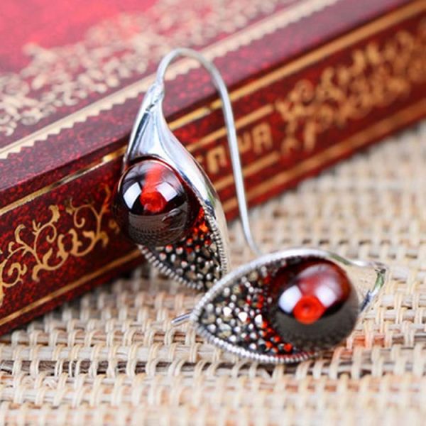 Thai Vintage Sterling Silver 10mm Round Red Garnet Hoop Earrings (E11061RED)