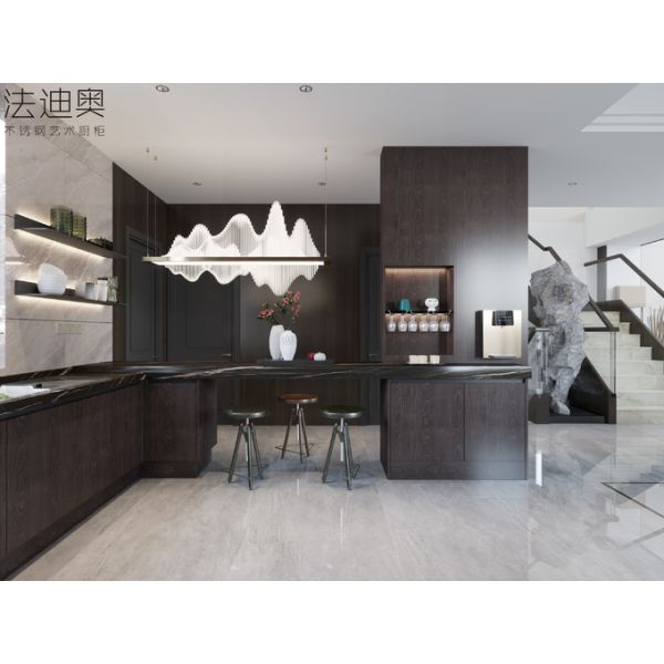 Luxe Espresso Wood Grain Stainless Steel Cabinets For Timeless Kitchen Elegance