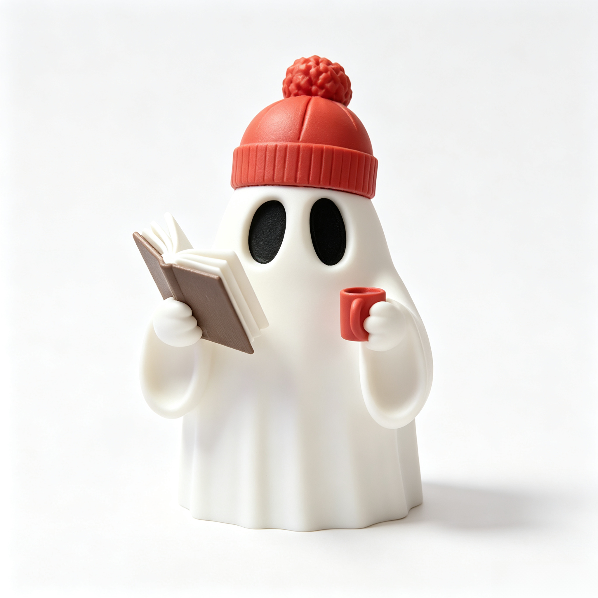 Matte PLA Made 3D Printed Holiday Decoration, Beanie Wearing Reading Ghost Decor for Library Table Display