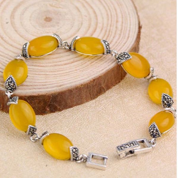 Thai 925 Vintage Sterling Silver Yellow Cubic Zircoina Tennis Bracelet (055728)