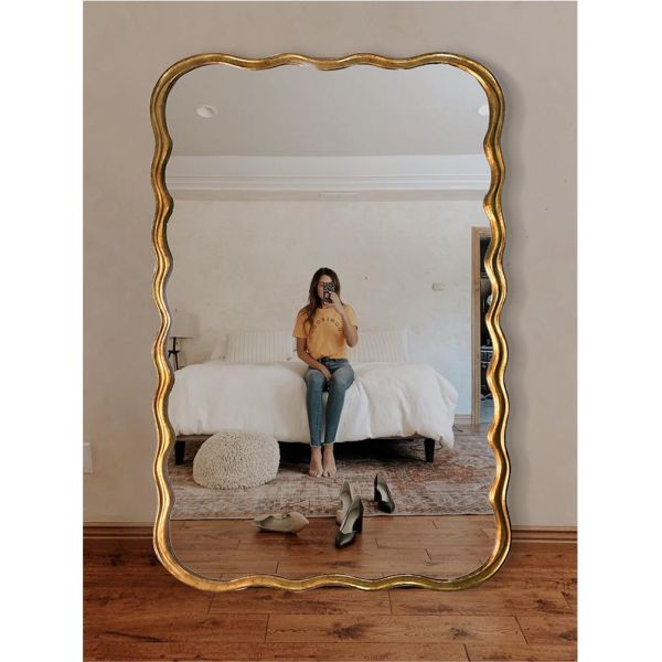 Wavy Beveled Floor Mirror Wood Frame 600mm For Modern Bedroom Decoration