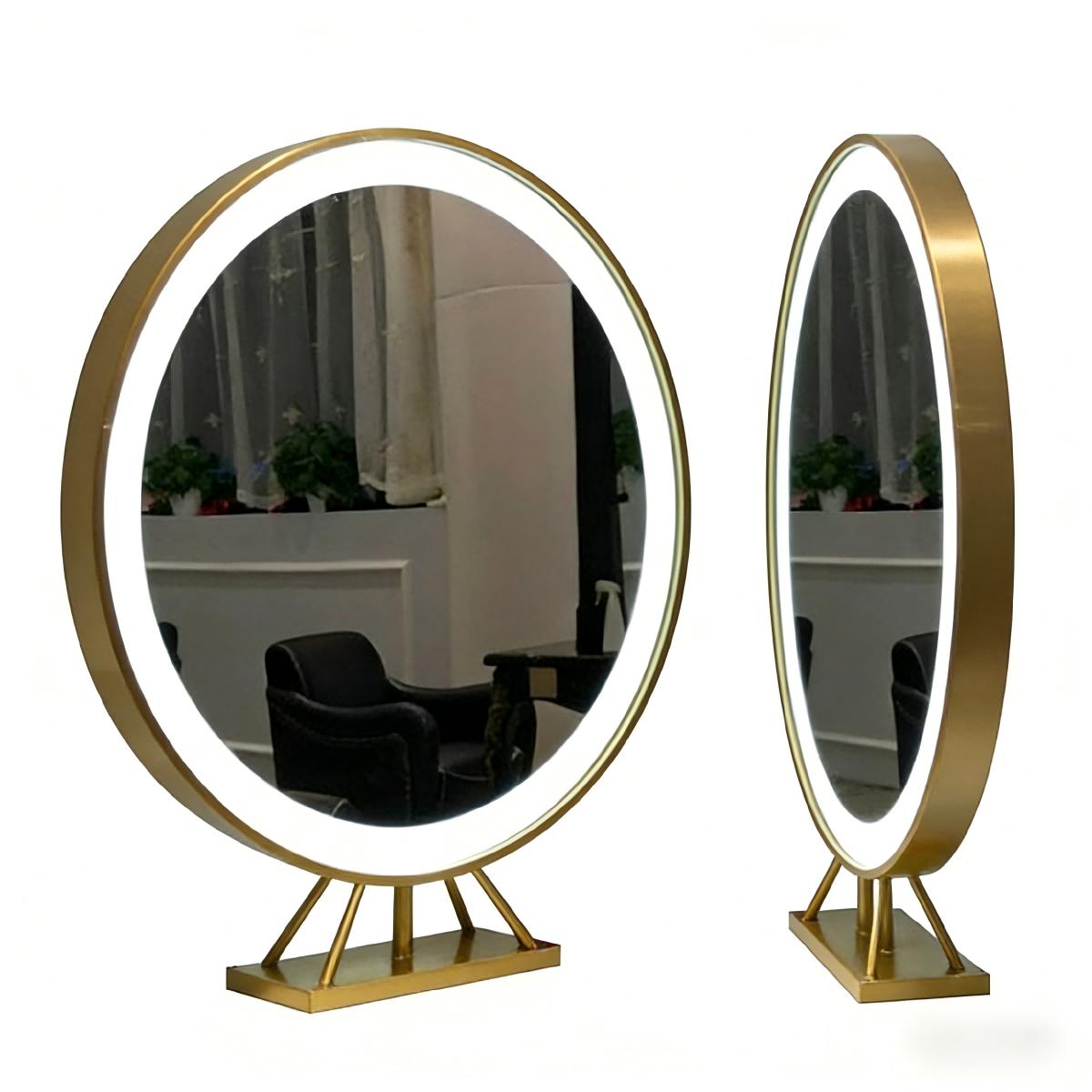 Kingstin Double-Sided LED Salon Station Mirror, Professional Round Lighted Barber Mirror with Gold Metal Frame