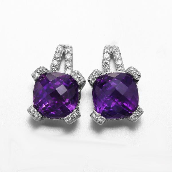 2.18g Sterling Silver Gemstone Stud Earrings Cushion White Gold Amethyst Earrings