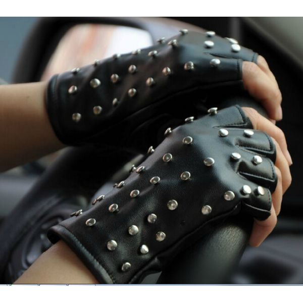Black PU Leather Studded Lined Biker Punk Driving Fingerless gloves Eyelets Gloves