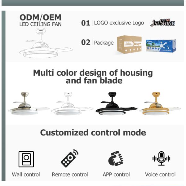 Ventilador de teto LED de níquel de cetim de 42 polegadas com lâminas dobráveis e fonte de luz retrátil
