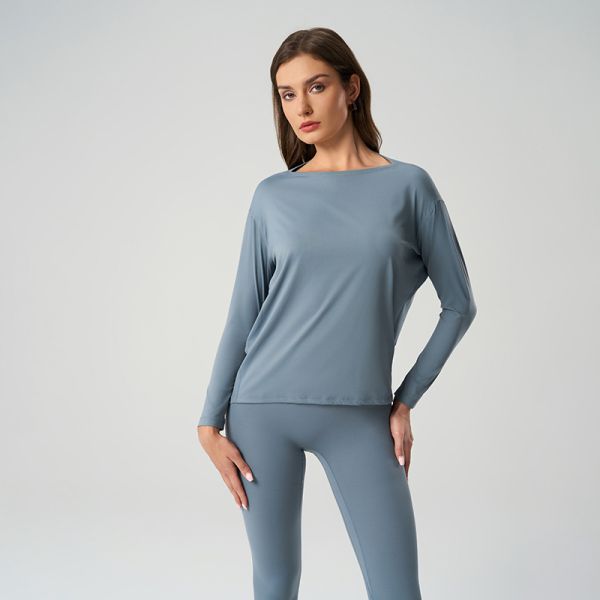 Soft Modal Long Sleeve Boat Neck Top and Leggings Set Dusty Blue Stretchy Breathable