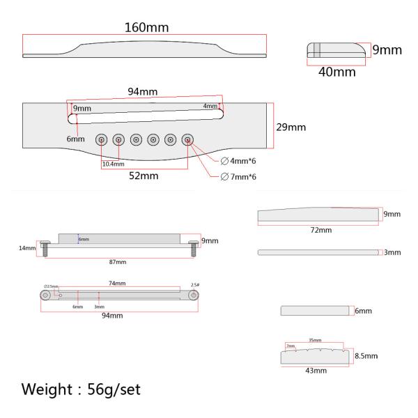 6 Strings Acoustic Guitar Bridge Saddle Shims 72MMM Cradle Insert With Wrench