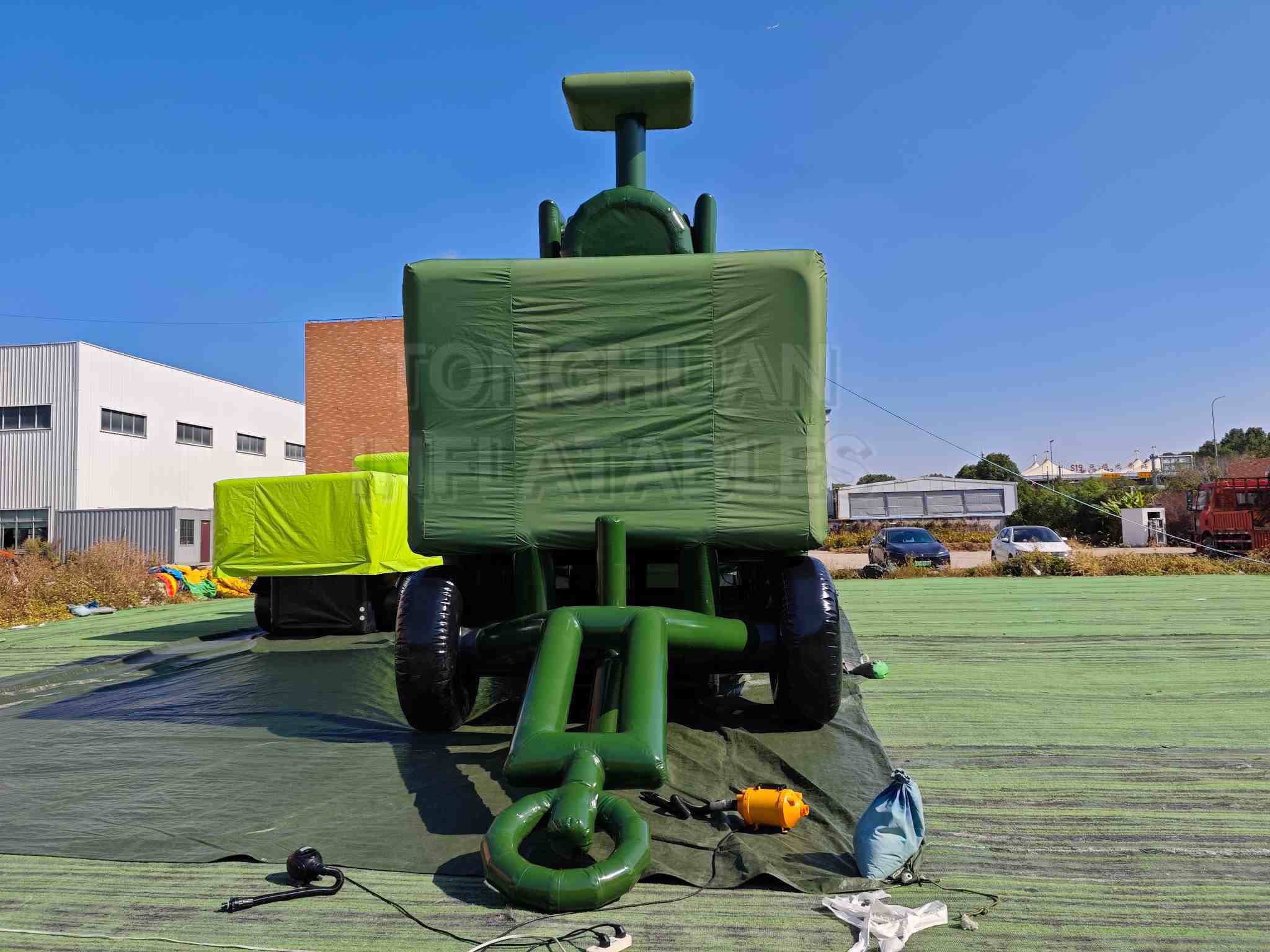 Custom Inflatable Radar Trailer Replica with Raised Antenna Mast Box Body Wheels and Tow Bar for Training Display Exhibition and Outdoor Simulation Projects