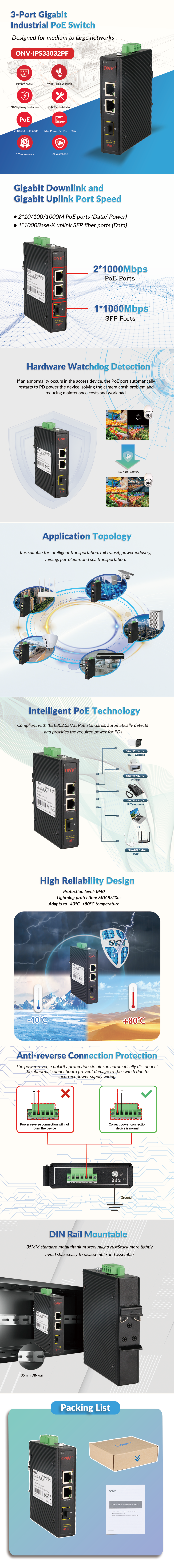 3-port Gigabit Industrial PoE Switch with 30W per Port and Smart Power Supply