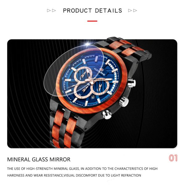 Blue Dial Wooden Quartz Watch 6 Hands Luminous Wristwatch Man 1018-2