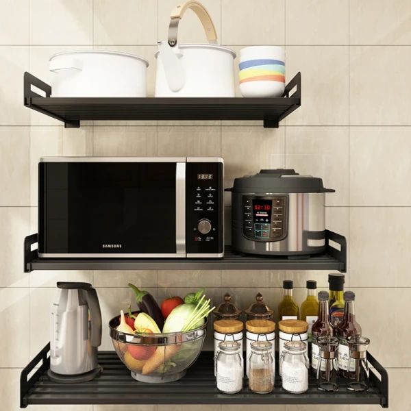 Wall Mount Microwave Oven Shelf Rack for Kitchen Home, Stainless Steel Counter Countertop Holder with 5 Sliding Hooks