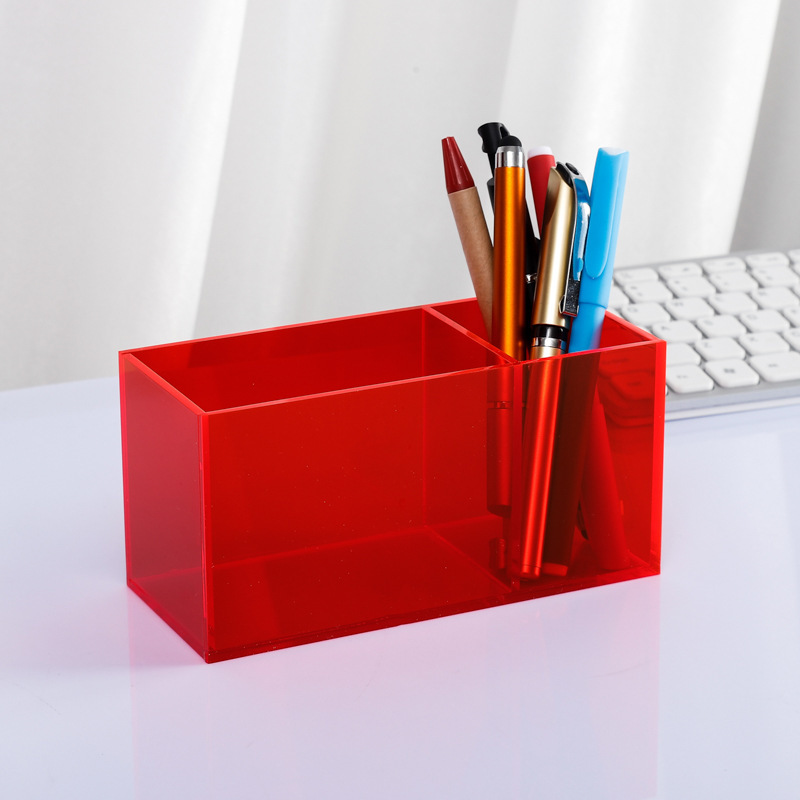 2 Grid Acrylic Pen Holder Transparent Rectangle Stationery Storage Box for Desktop Organization and Debris Sorting