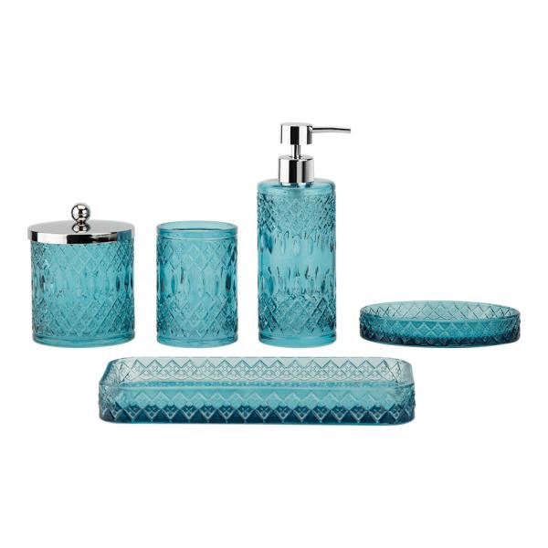 Les accessoires de salle de bain en verre violet et bleu ont une forme ronde avec un modèle mixte.