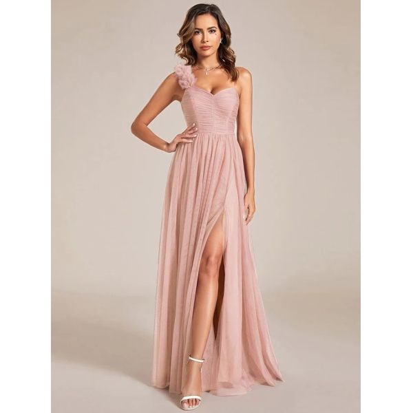 Elegant One-shoulder Sweetheart Ruffled A-line Zipper Pleated High Slit Tulle Pink Bridesmaid Dress