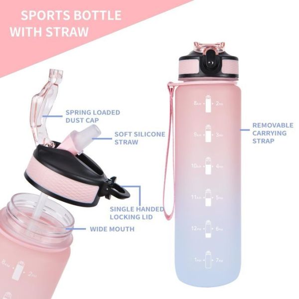 Botella de agua de Tritán a prueba de fugas botella de agua de 32 oz con marcador de tiempo libre de BPA asegúrese de beber suficiente agua para gimnasio acampar deportes al aire libre