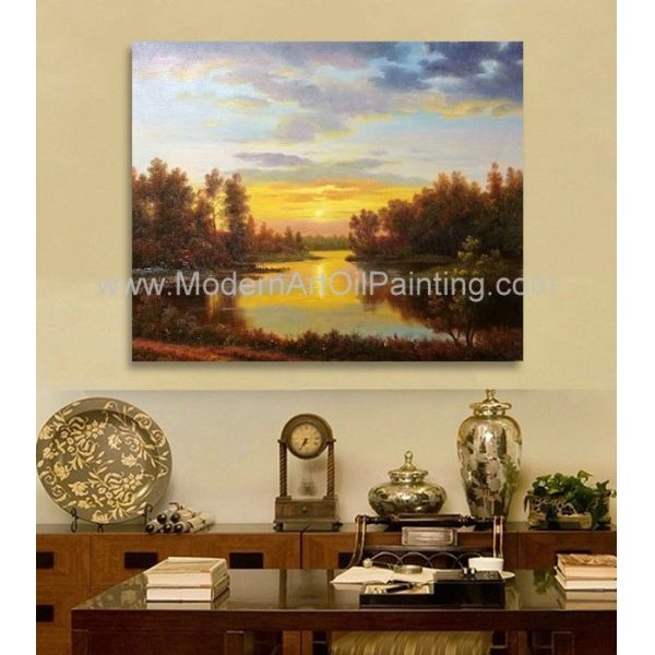 Классическая пейзажная живопись захода солнца ландшафта картины маслом природы с потоком