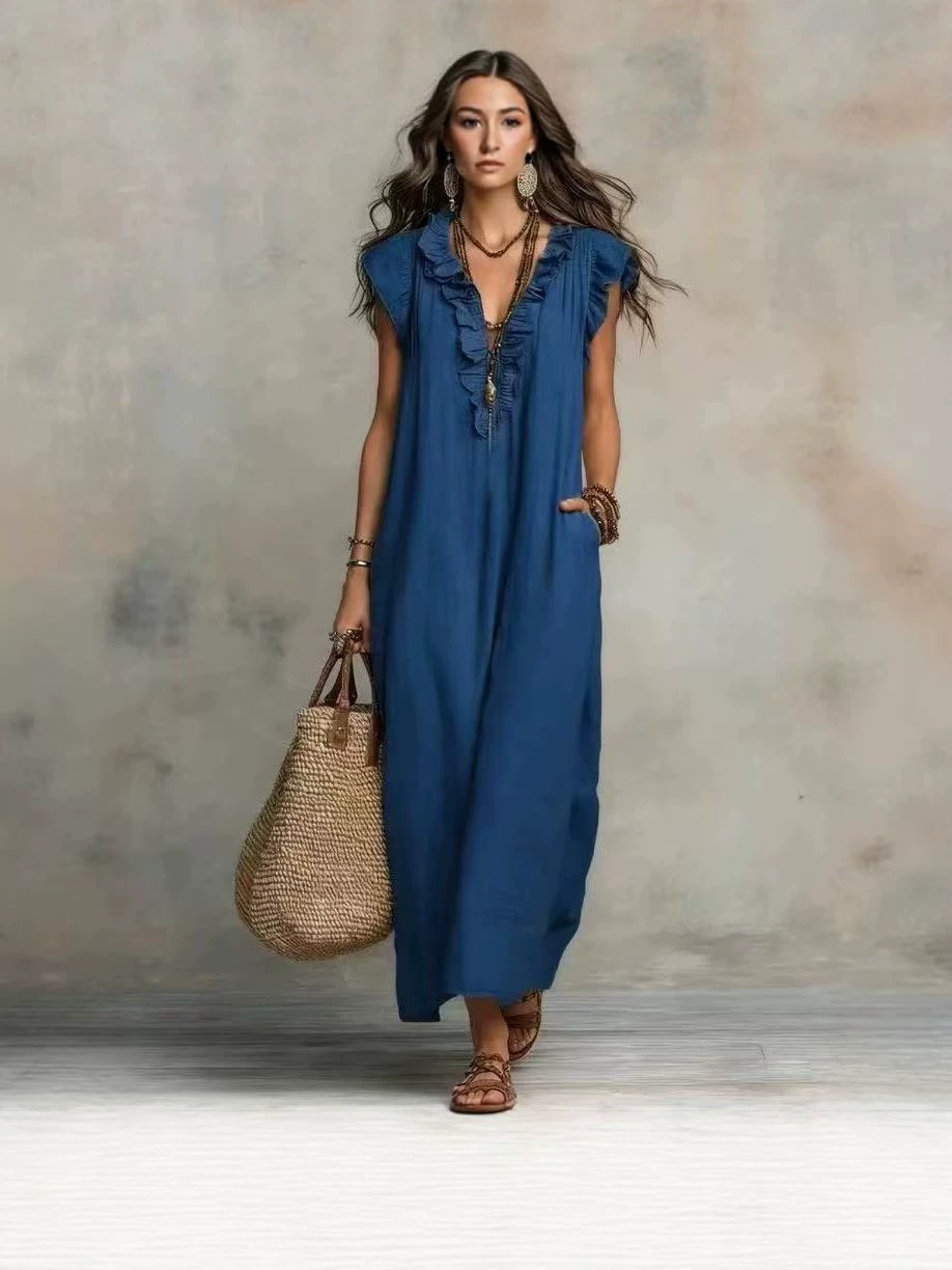 European Style Cotton Linen Dress with Breathable Fabric, Flowy Ruffle Sleeves, and Flattering V-Neck for Summer