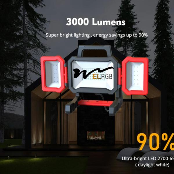 3000LM Luz de trabalho exterior dobrável IP54 Luz de inundação portátil recarregável