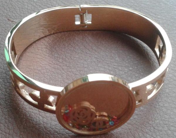 316L S.Steel Ladies IPG Italy Paris Design ROUND glass LOCKET Style Bracelet Bangle
