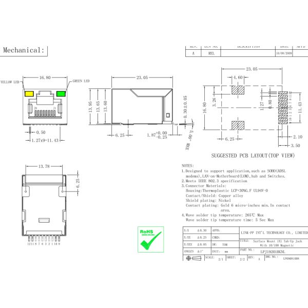 Разъем высокой эффективности SMT RJ45 креста MIC2412A-5108X-LF LPJ19201BGNL