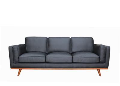 Timber Plinth Three Seater Leather Sofa Genuine Black Leather Couch