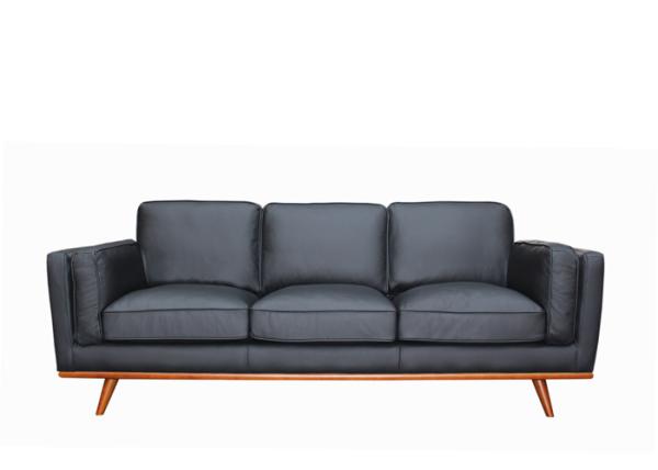 Timber Plinth Three Seater Leather Sofa Genuine Black Leather Couch