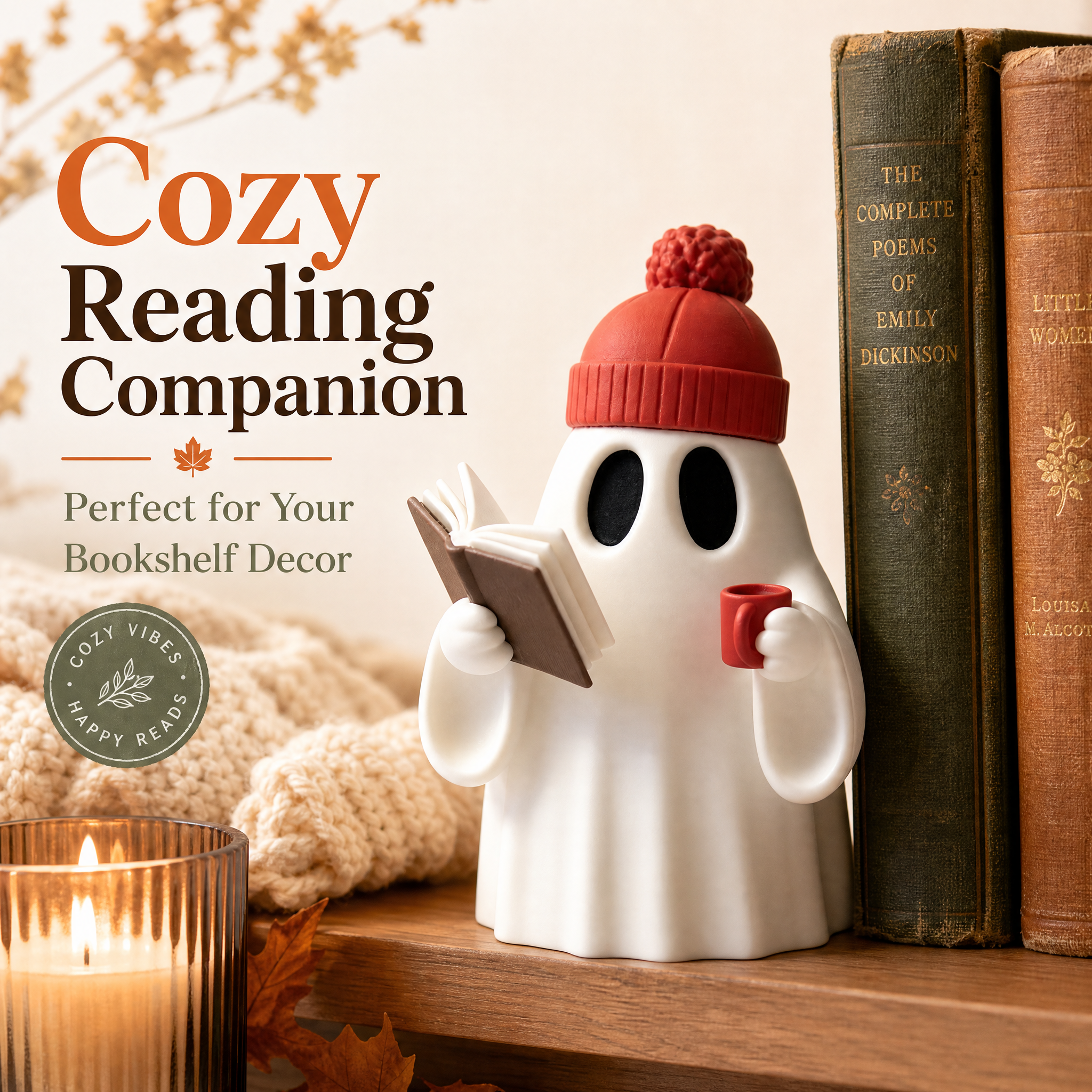 Matte PLA Made 3D Printed Holiday Decoration, Beanie Wearing Reading Ghost Decor for Library Table Display