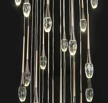 46 gouttelettes d'eau de long poteau d'escalier de cristal lumière luxe long lustre simple nordique long lustre villa salon creux rotatif créatif double filet rouge restaurant lustre