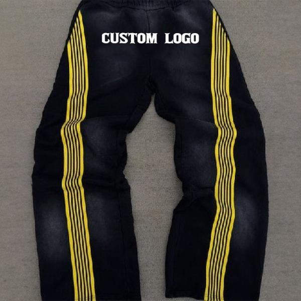 Custom Flared Baggy Stacked French Terry Striped Mens Wide Leg Acid Wash Applique Embroidery Patches Sweatpants With Stripe