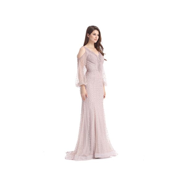 Zipper See Through Back Long Sleeve Maxi Prom Women Gown Pink And Black Color