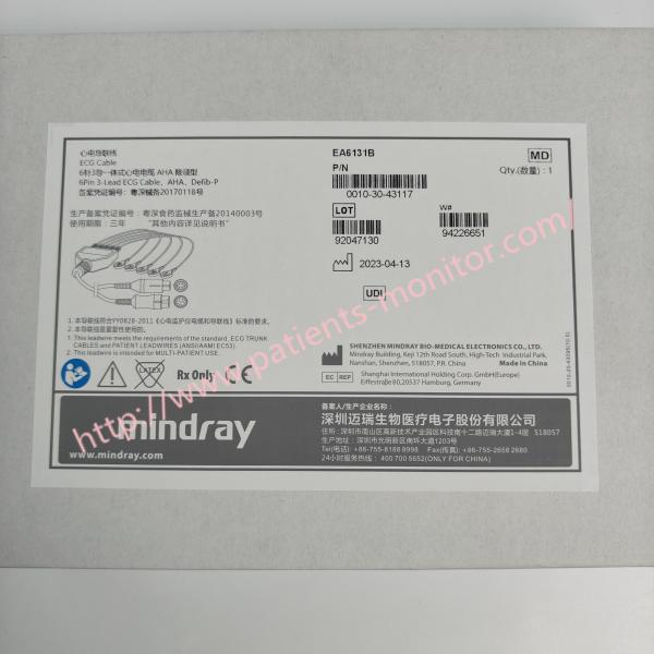 Cabos de ECG Mindray 6Pin de 3 leads, AHA, Defib-P EA6131B PN 0010-30-43117