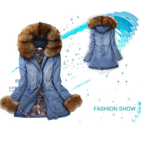 Fashion thick cotton-padded fur collar denim jacket winter hooded jeans waterproof coat women