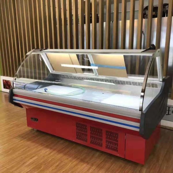 Deli Food Curved Glass Meat Display Refrigerated Case Dynamic Cooling