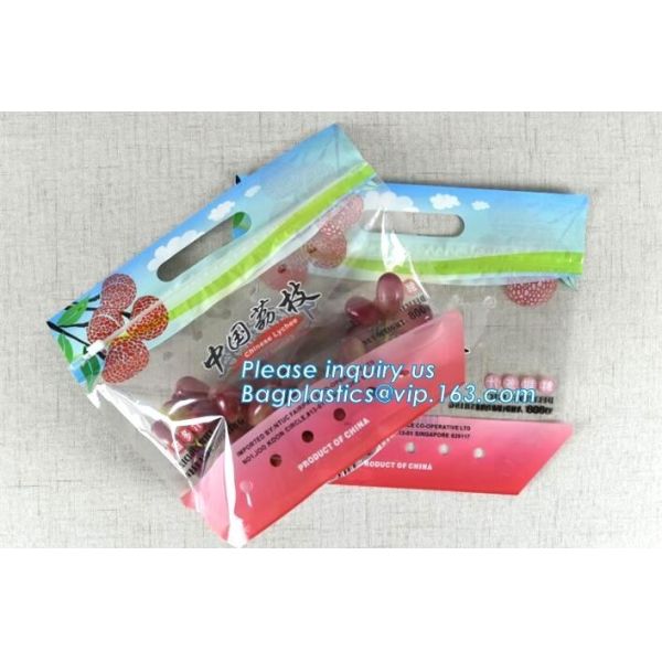 Promotional popular plastic reusable slider zipper food bags, slider ziplock perforated fresh grape packaging bag, fruit