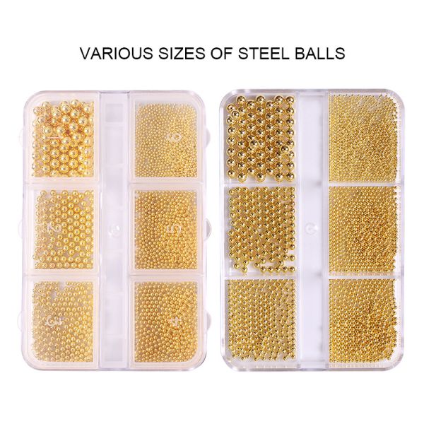 Steel Balls 3D Nail Art Decorations 6 Grid Mixed Metal Round Bead Nail Charms in Bulk