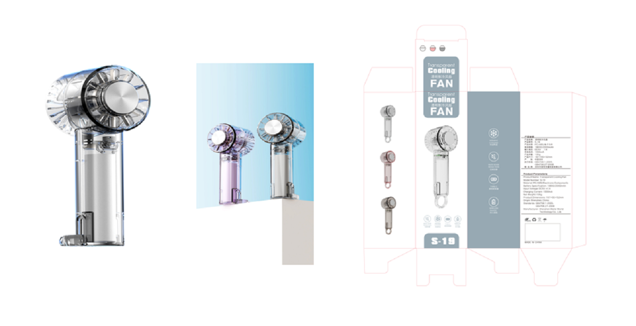 3-Speed Mini Desk Fan,2000mAh Battery,Transparent/Pink/Brown, ABS+Aluminum Alloy, Hook & Stand Design, Type-C Rechargeable