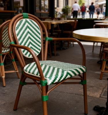 Stackable Curved-Back Synthetic Wicker & Bamboo Commercial Outdoor Green Chair
