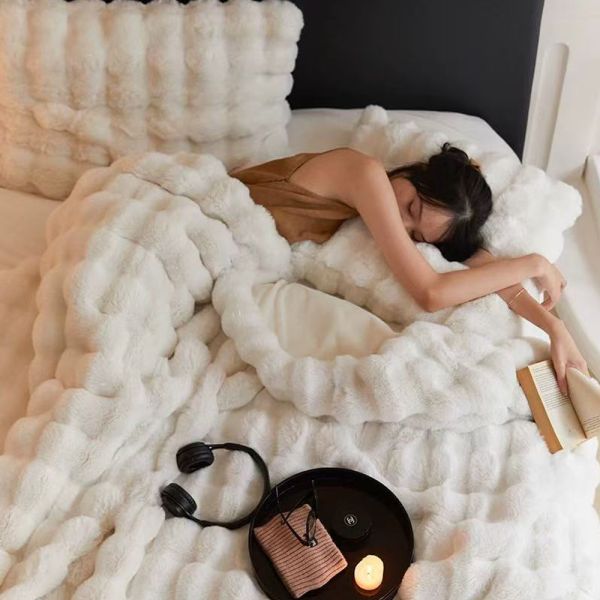 Thick Vegan Rabbit Fur Blanket  100% Polyester Household Items