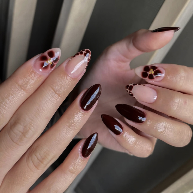 24pcs Dark Brown Leopard Floral Press On Nails Almond Glossy
