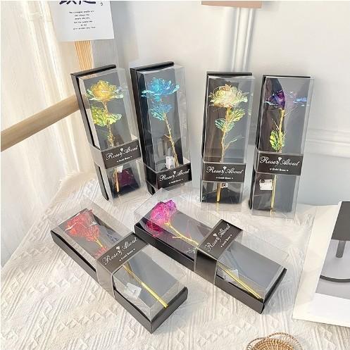 Valentine's Day Gift Qixi Gold Foil Rose Flower Window PVC Gift Box Packaging With Light Stall Bouquet 10x28cm Variety Rose