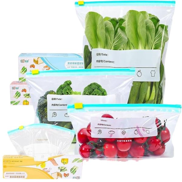 Custom Multi-Size Fresh Food Storage Bags - Resealable Reusable Pouches for Fruits/Vegetables with Date & Content Label